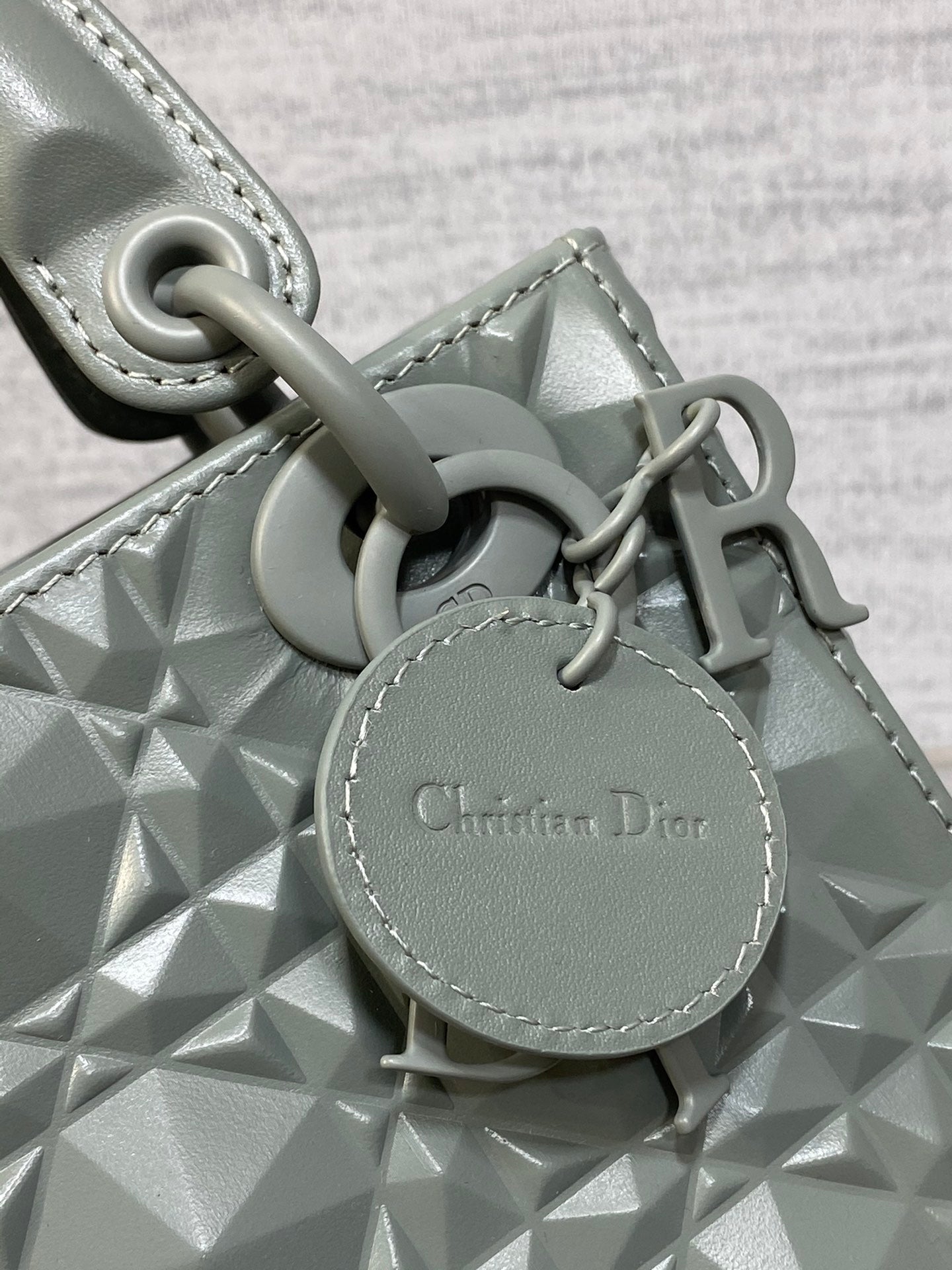 DO Mini Lady Bag Stone Gray Diamond Pattern Calfskin