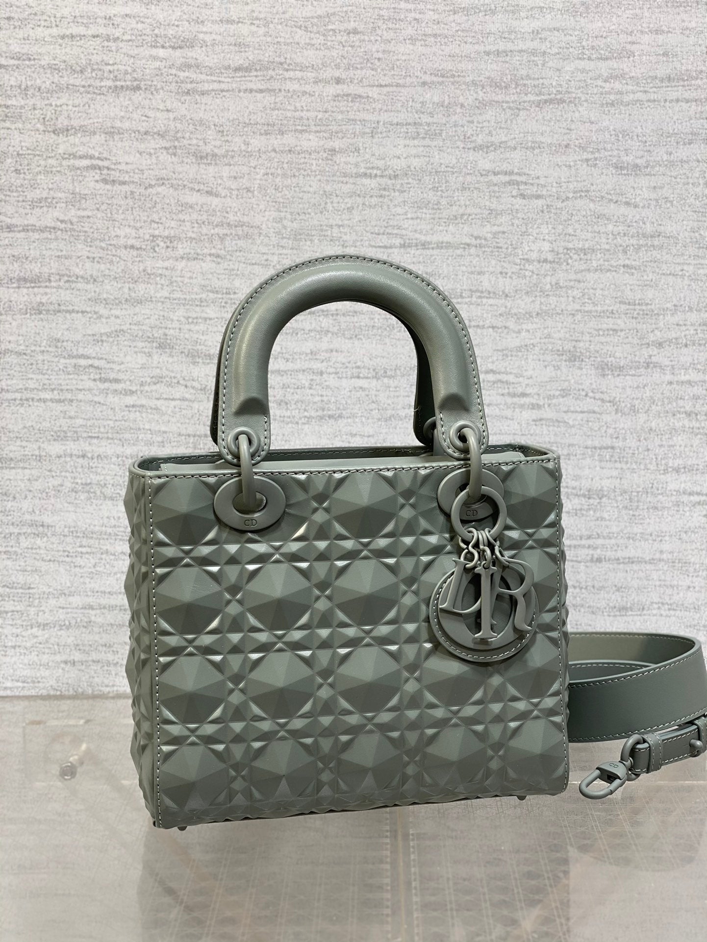 DO Mini Lady Bag Stone Gray Diamond Pattern Calfskin