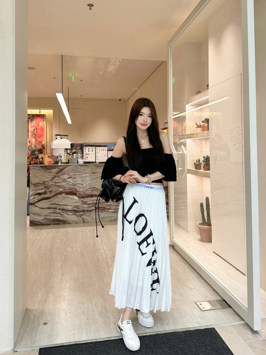LE 2025 high waist elastic pleated long skirt