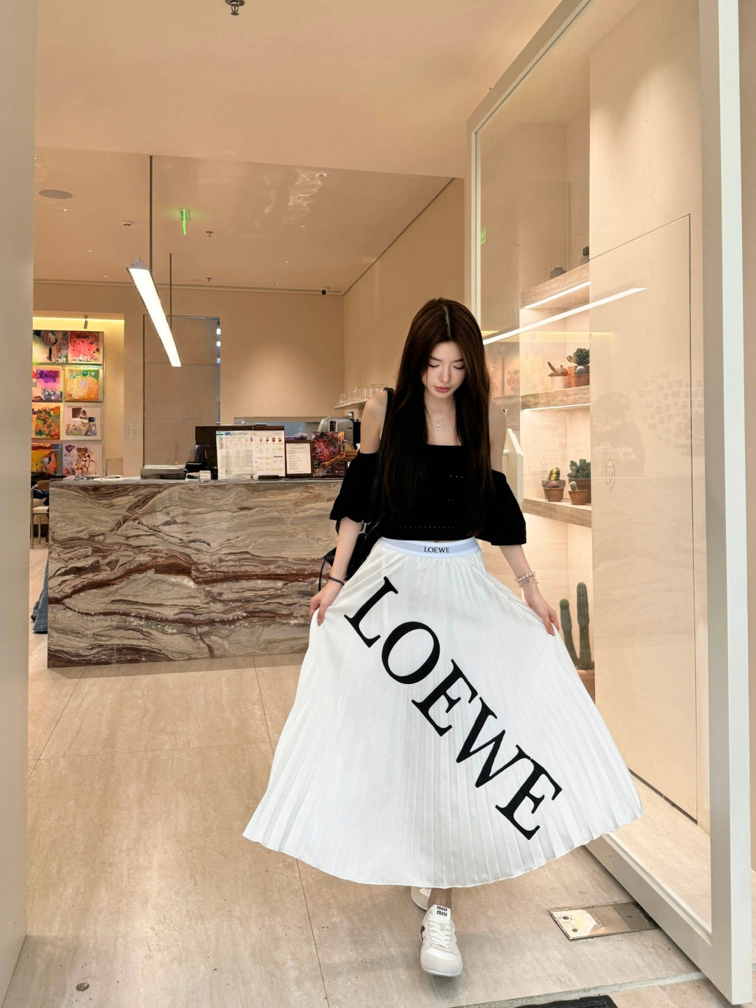 LE 2025 high waist elastic pleated long skirt