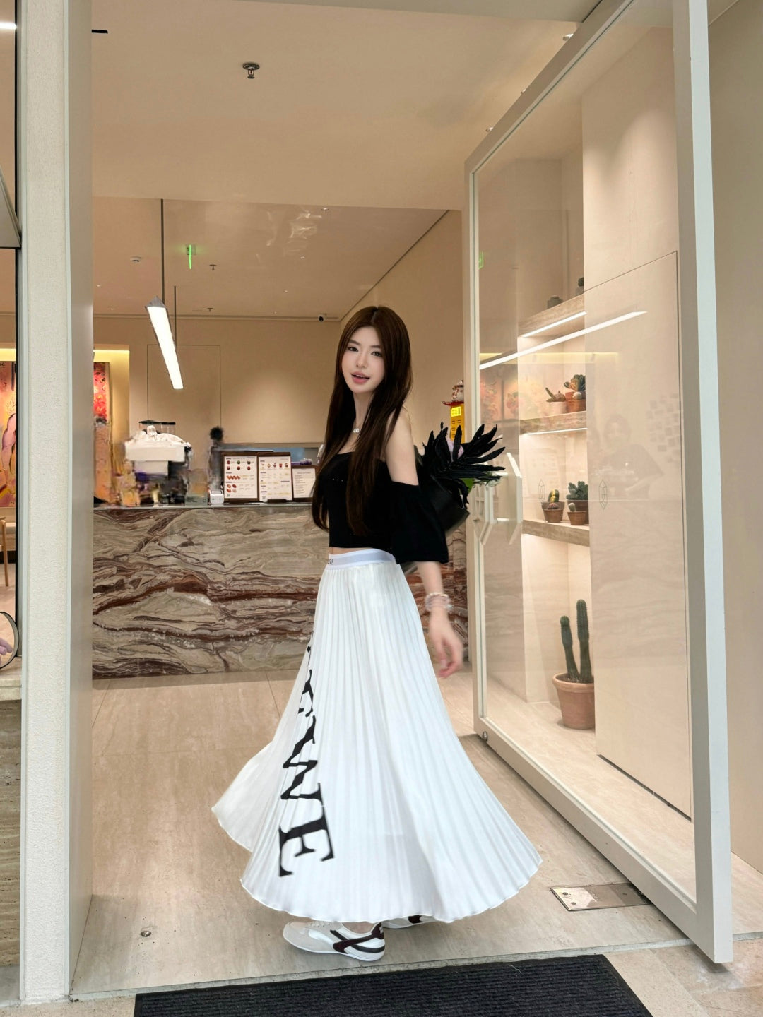 LE 2025 high waist elastic pleated long skirt