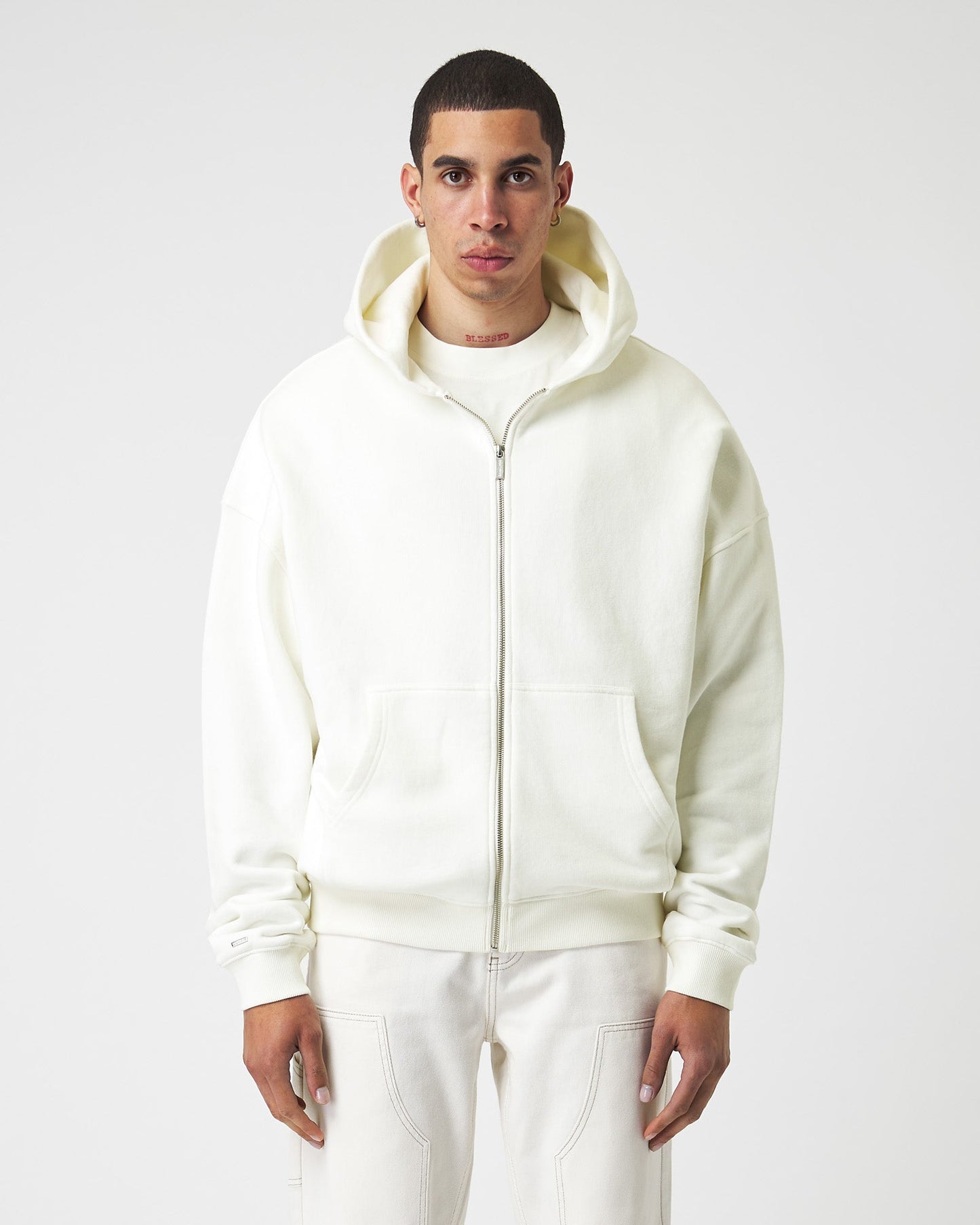 Sweat à capuche zippé basique blanc cassé