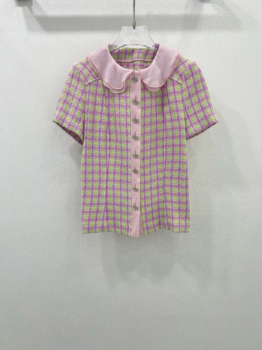 CH 25 new tweed stitching silk collar short sleeves